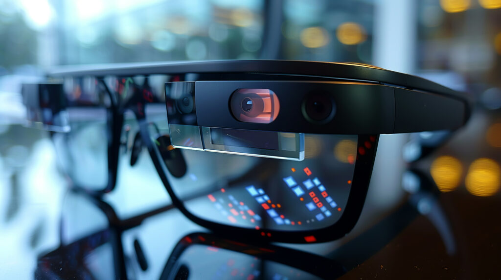 Close-up of a smart glasses with augmented reality display, emph