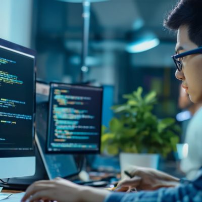 skilled Asian software developer coding with precision and innovation