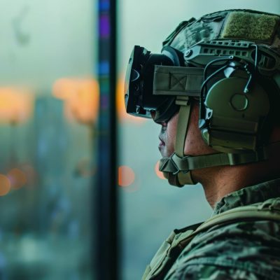 Soldier wearing night vision goggles looking through window.