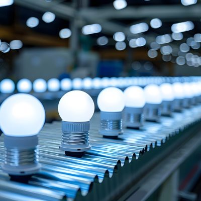 This image depicts the production line for manufacturing energy efficient LED light bulbs in a modern industrial facility The focus is on the various stages of the manufacturing process showcasing