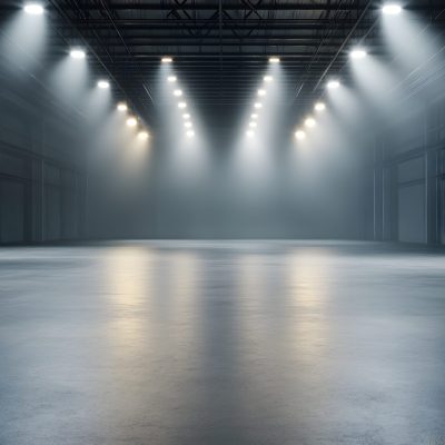 Dramatic dark warehouse interior with matte black infrastructure and moody theatrical lighting creating an elegant exclusive and premium atmosphere for presentations product shots